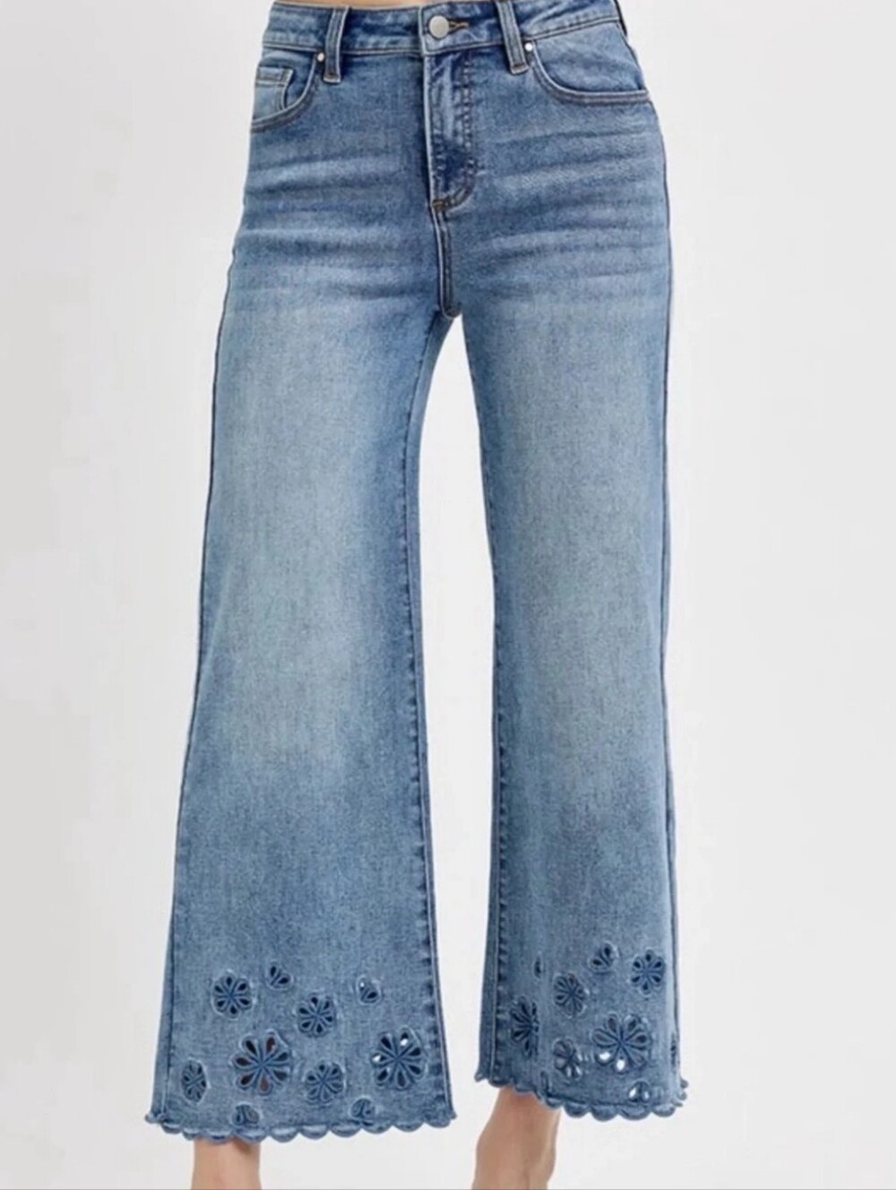 Risen Boho Daisy Retro Crop Wide Leg Flare Denim Jeans